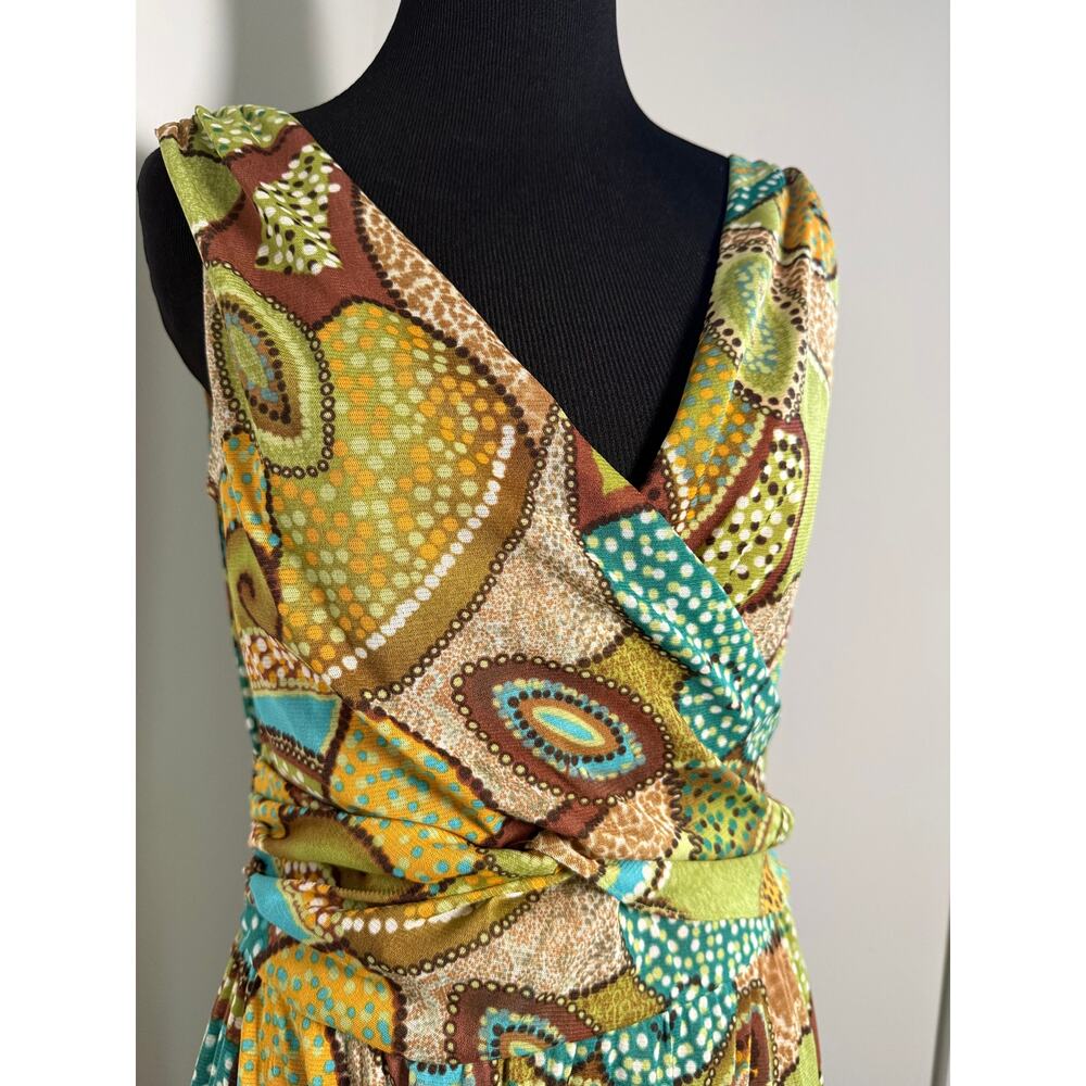 Y2K Abstract Paisley Wrap Dress Earth Tone Boho Midi Dress Size 10 - Picture 2 of 4
